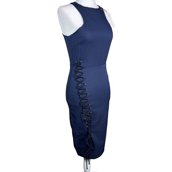 NWT Lavish Alice Womens Dress Size 8 Navy Sleeveless Bodycon Midi Dress Lace-Up - Picture 3 of 12